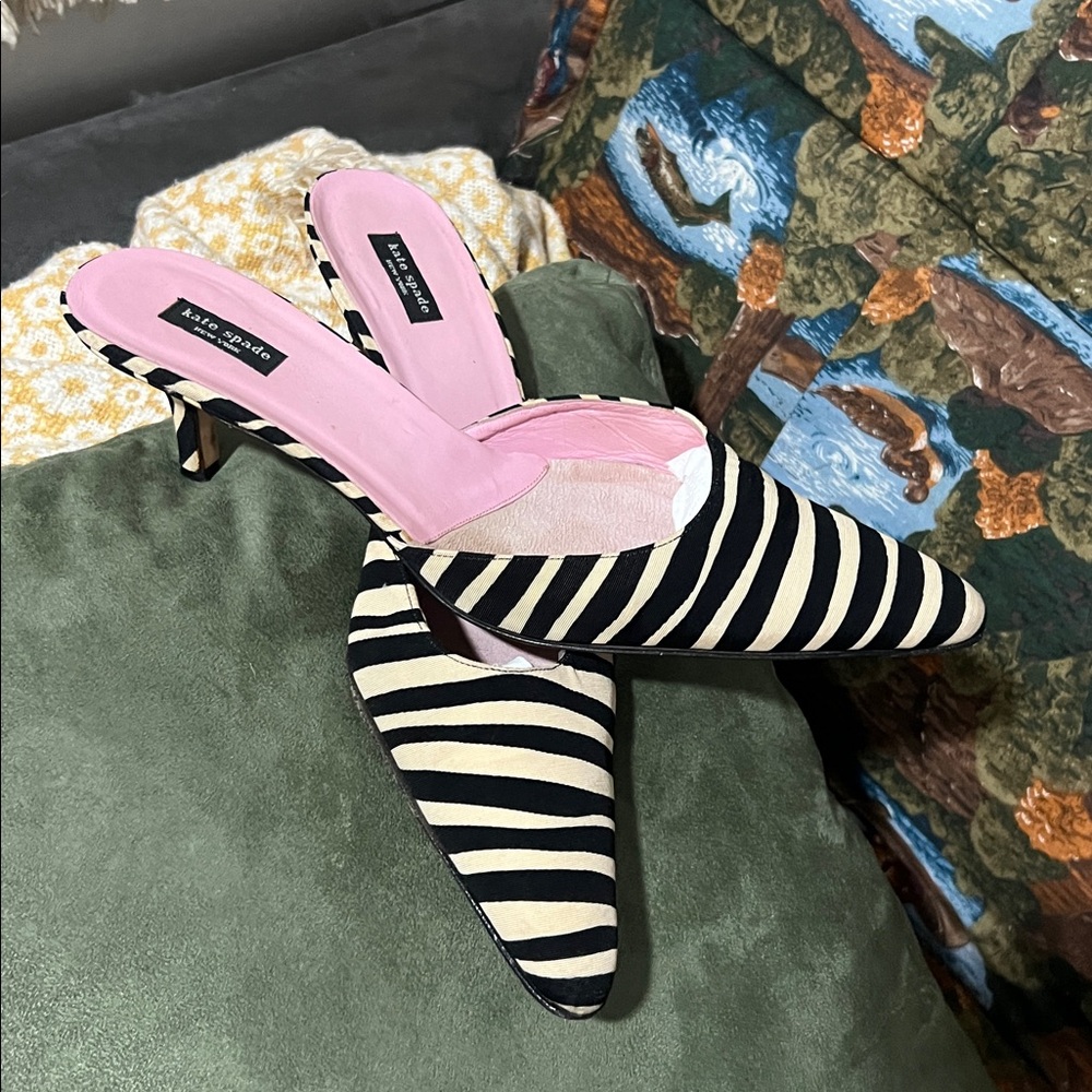kate spade Black and Cream Striped Kitten Heel Mules with Pink Insole